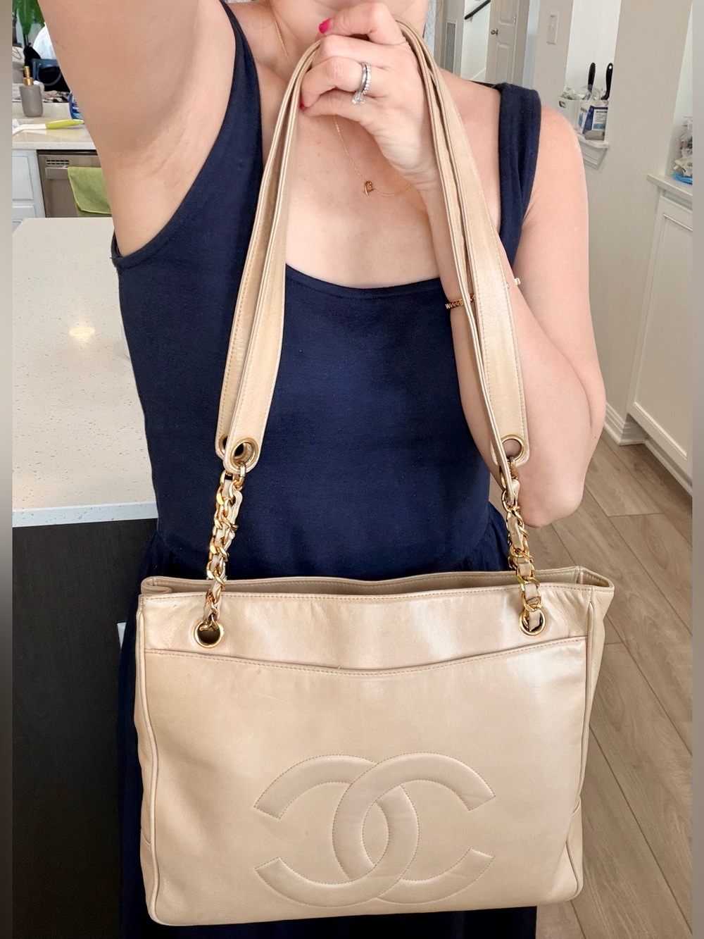 Auth CHANEL CC Large Lambskin 24K Gold-Plated Chain Hardware Nude Tote